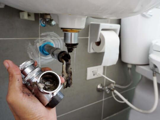 Photo of Utah plumber holding dirty drain pipe